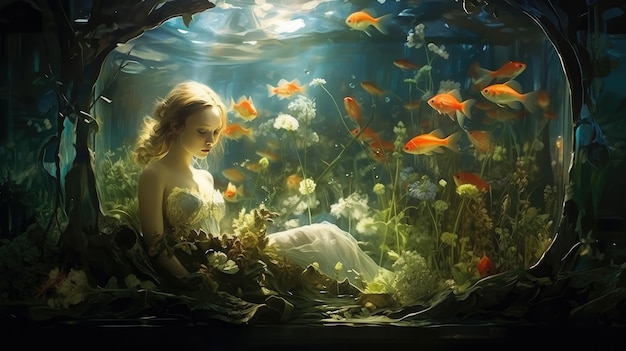 una sirena siede in un acquario con una donna e un pesce.