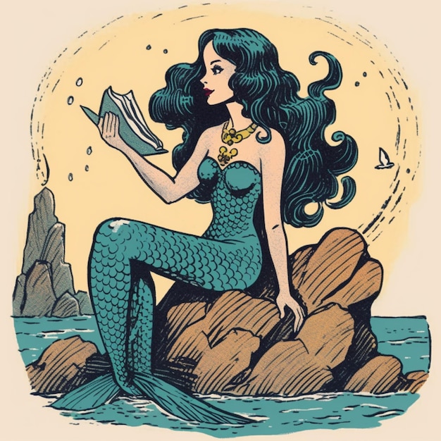 Una sirena siede su una roccia e legge un libro.