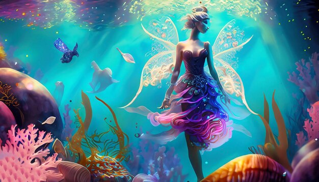 Una sirena sta nuotando sotto l'acqua con le parole "il mare" sul fondo.