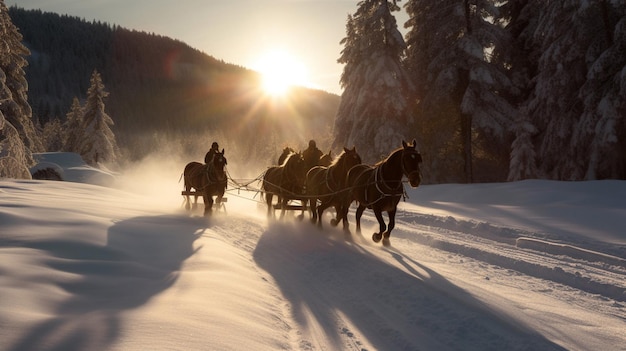 Una slitta trainata da cavalli è visibile nella neve con il sole che tramonta dietro di essa.