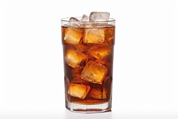 una soda fredda al ghiaccio in un bicchiere separata su bianco