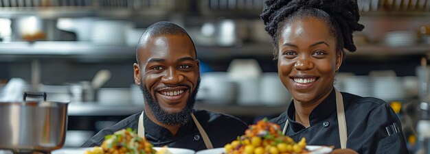 Una soddisfatta cuoca afroamericana e il suo collega sistemano i piatti mentre servono i pasti in un ristorante