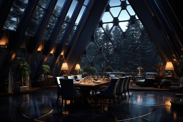 Una sofisticata sala da pranzo sullo sfondo di una vista mountaino mozzafiato attraverso ampie finestre geometriche mentre si avvicina la sera