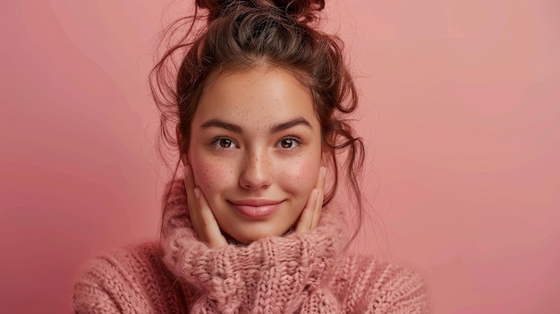 Una sorridente donna bruna allegra augura buona fortuna incrocia le dita e ha fede in un futuro migliore vestita con un maglione di grandi dimensioni concetto di linguaggio del corpo della gente