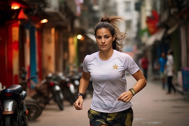 Una sottile ragazza atletica in uniforme da calcio sta correndo lungo una stradina stretta della città con una palla da calcio