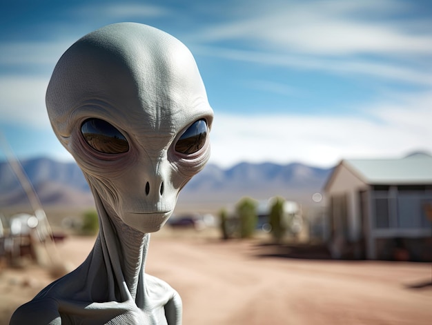 Una sottile vista aliena grigia da dietro che fa ricerche nell'Area 51