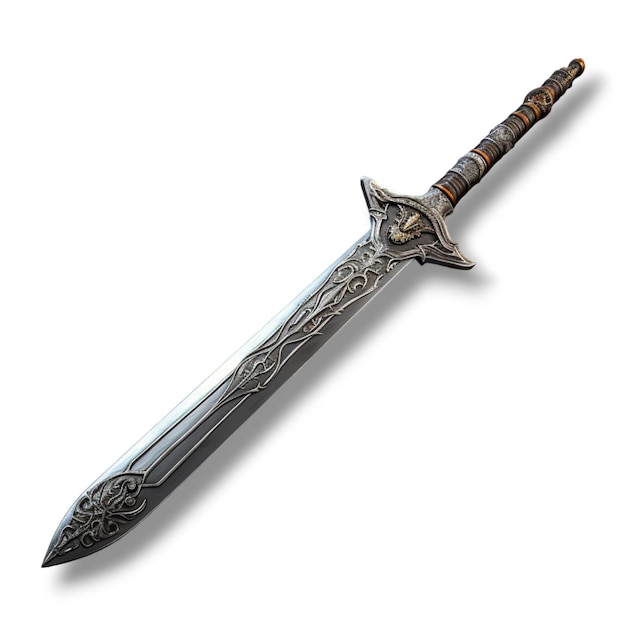 una spada posizionata sopra uno sfondo bianco nello stile di un'opera d'arte fantasy realistica