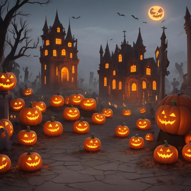Una spaventosa scena di Halloween con un castello infestato, lampioni e un cimitero.