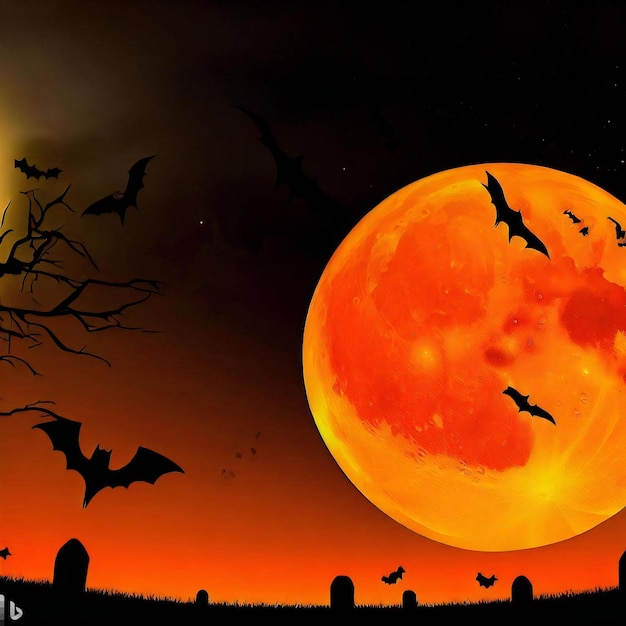 Una spaventosa scena di Halloween con una grande luna arancione