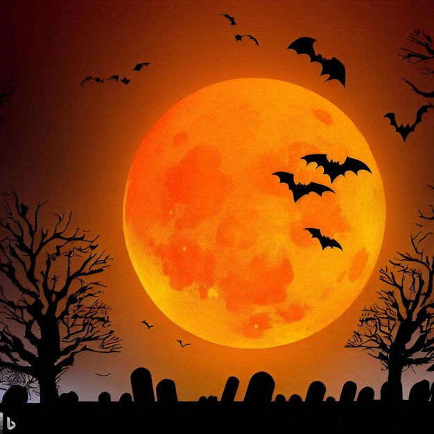 Una spaventosa scena di Halloween con una grande luna arancione