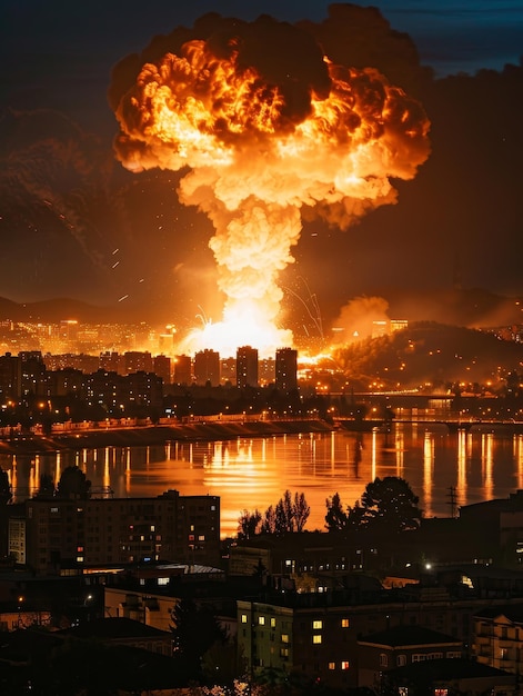 Una spettacolare esplosione nucleare irrompe nel cielo notturno sopra una città i suoi pennacchi di fuoco creando un netto contrasto con lo skyline urbano