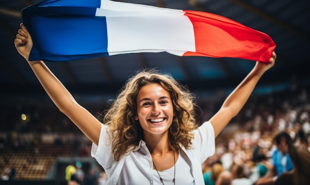 Una spettatrice sportiva entusiasta che tiene una bandiera francese in uno stadio sportivo