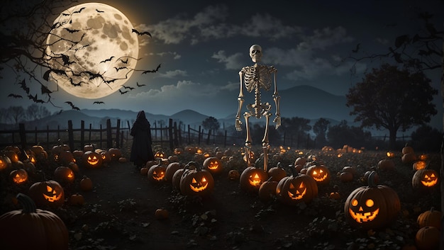 Una spettrale notte di Halloween con una figura scheletrica in piedi in un campo di zucche