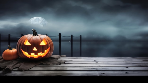 Una spettrale zucca di Halloween sulle tavole del molo con un volto e occhi malvagi. Notte costiera grigia e nebbiosa