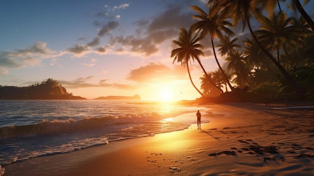 Una spiaggia al tramonto con albero di cocco al tramonto