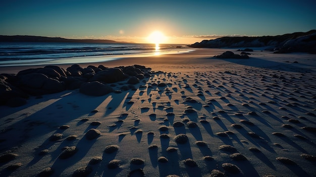 Una spiaggia al tramonto con il sole che tramonta alle sue spalle