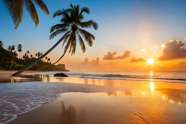 Una spiaggia al tramonto con le palme e il sole che tramonta sull'oceano