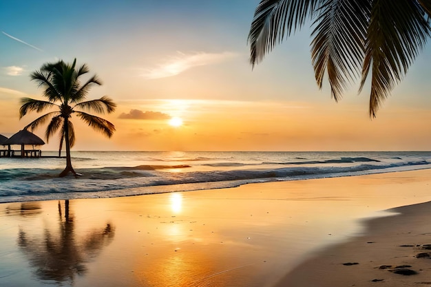 Una spiaggia al tramonto con le palme e il sole che tramonta sull'oceano.