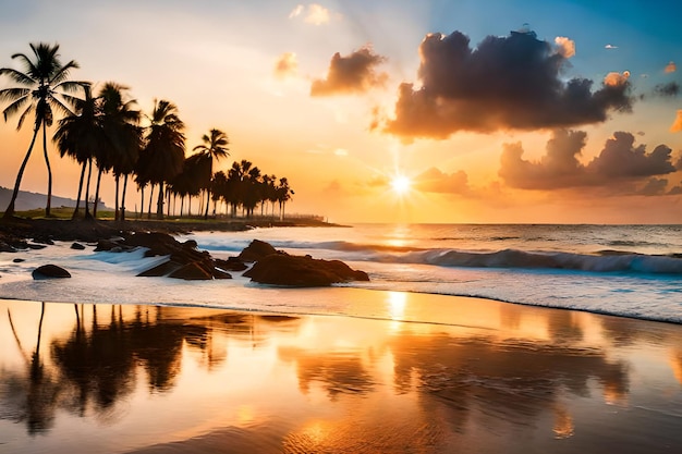 Una spiaggia al tramonto con le palme e il sole che tramonta