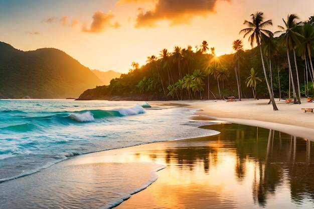 Una spiaggia al tramonto con palme e montagne sullo sfondo