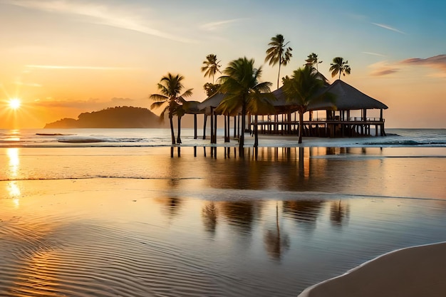 Una spiaggia al tramonto con palme e un edificio in primo piano