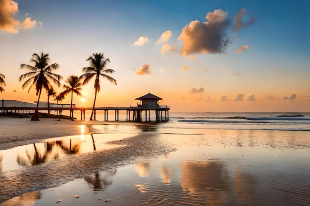 Una spiaggia al tramonto con palme e un molo