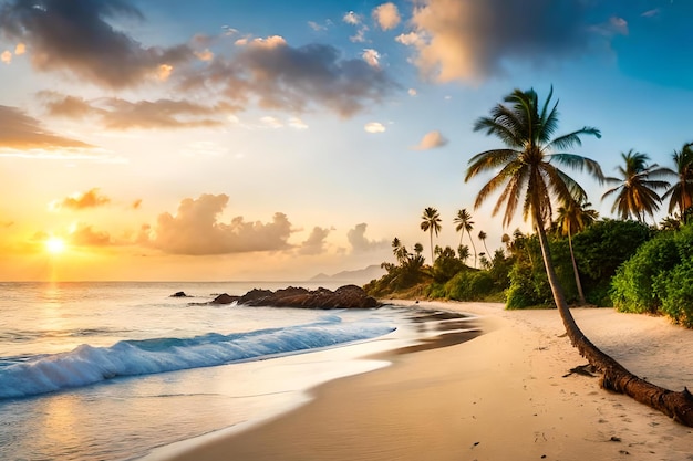 Una spiaggia al tramonto con palme e un tramonto sullo sfondo