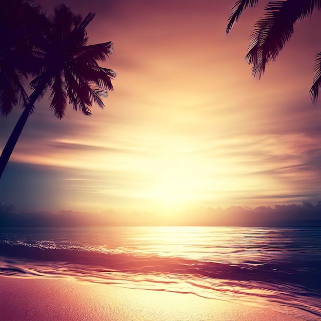 Una spiaggia al tramonto con palme e un tramonto sullo sfondo