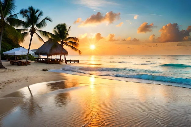 Una spiaggia al tramonto con palme e un tramonto