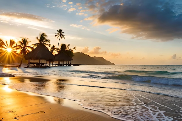 Una spiaggia al tramonto con palme e una capanna in lontananza