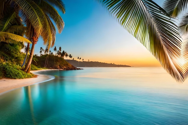 Una spiaggia al tramonto con palme e una spiaggia in primo piano