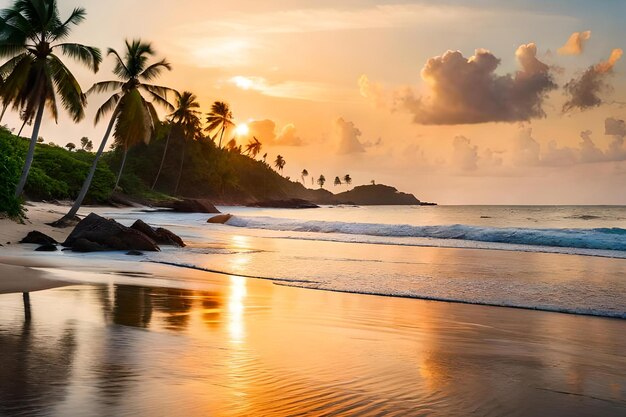 Una spiaggia al tramonto con palme in primo piano e un cielo nuvoloso sullo sfondo.