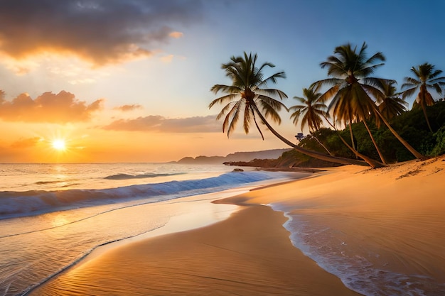 Una spiaggia al tramonto con palme sulla sabbia