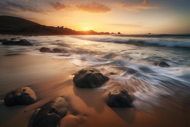 Una spiaggia al tramonto con un tramonto sullo sfondo