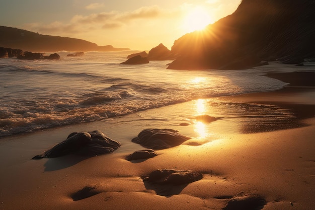 Una spiaggia al tramonto con un tramonto sullo sfondo