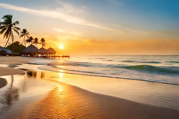 Una spiaggia al tramonto con una capanna sulla spiaggia e palme sullo sfondo
