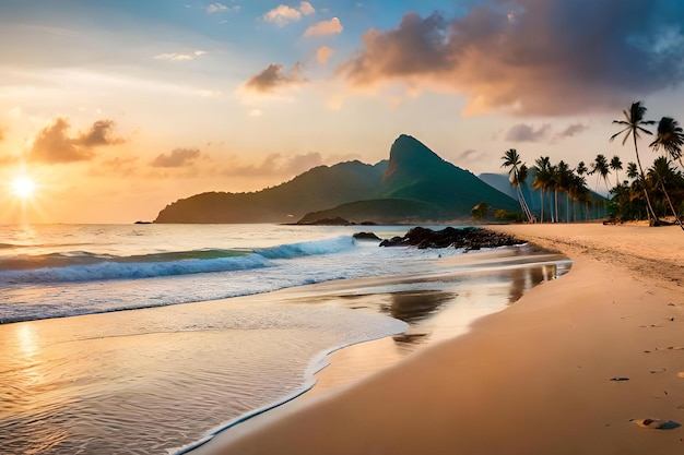 Una spiaggia al tramonto con una montagna sullo sfondo