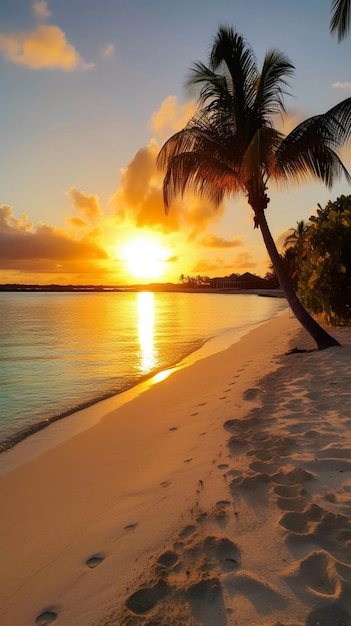 Una spiaggia al tramonto con una palma in primo piano.