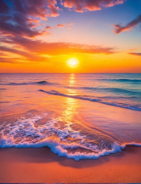 Una spiaggia assolata con acque cristalline e un tramonto vibrante