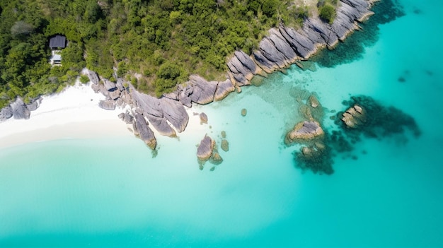 Una spiaggia con acqua blu e rocce in primo piano