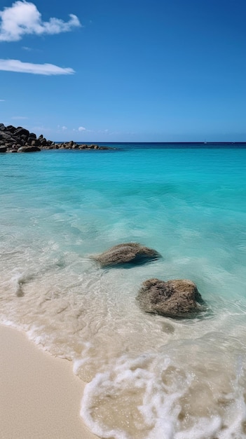 Una spiaggia con acqua blu e rocce nell'acqua