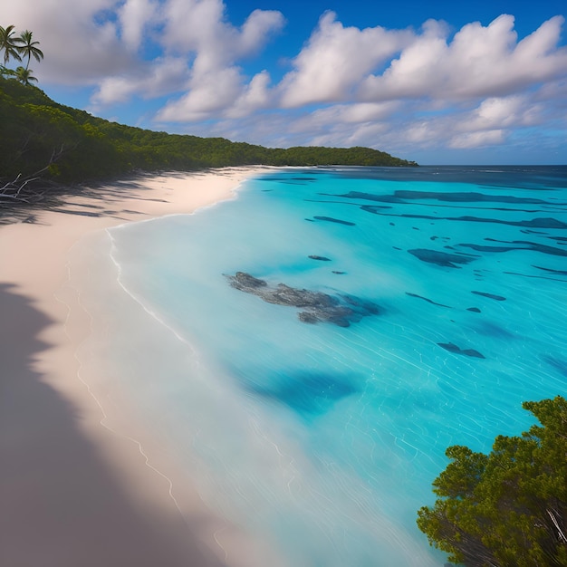 Una spiaggia con acqua blu e sabbia bianca