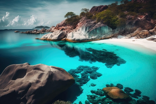 Una spiaggia con acqua blu e scogli in primo piano e una spiaggia di sabbia bianca con un litorale roccioso sullo sfondo.