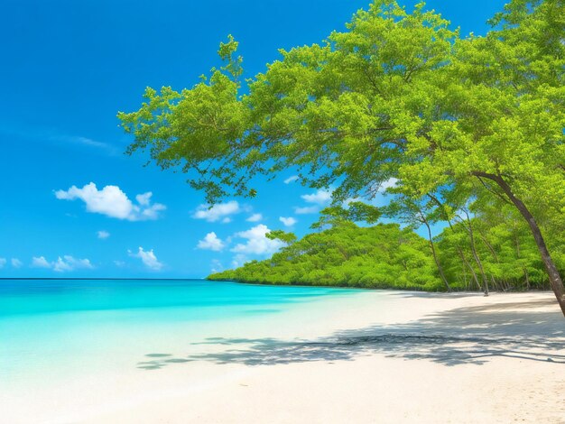 Una spiaggia con acqua blu limpida e alberi sullo sfondo ai generati