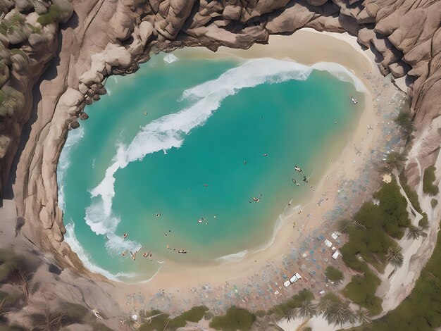 Una spiaggia con acque turchesi e una spiaggia con gente che ci fa il bagno.