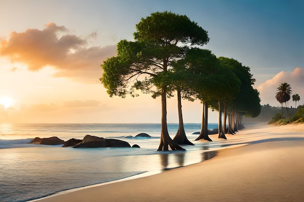 Una spiaggia con alberi e il sole che tramonta dietro di essa