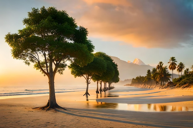 Una spiaggia con alberi e montagne sullo sfondo