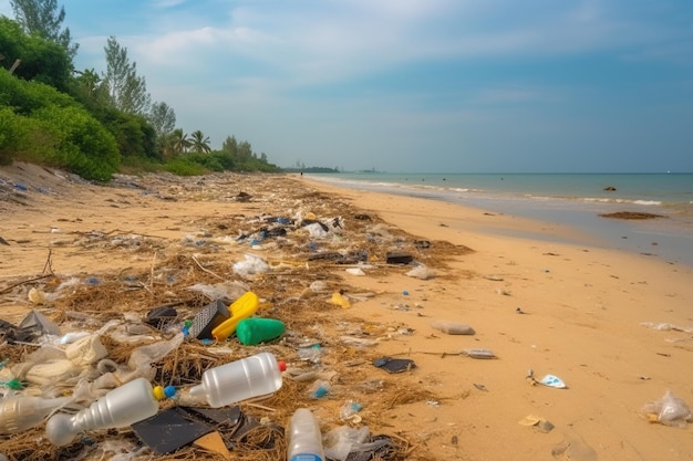 Una spiaggia con bottiglie di plastica e altri rifiuti