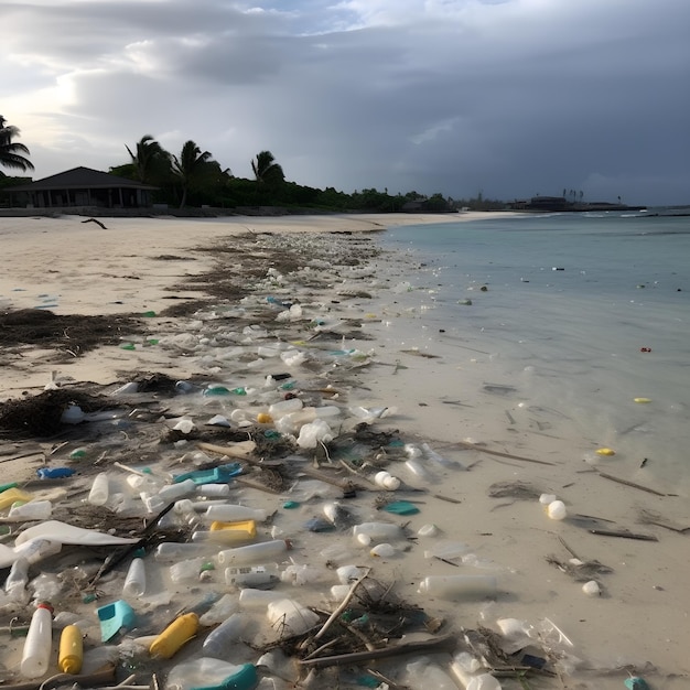 Una spiaggia con bottiglie di plastica e rifiuti.