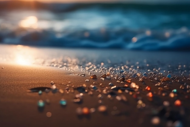 Una spiaggia con conchiglie e il sole che tramonta dietro di essa